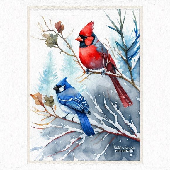 8x10 Blue Jay Red Cardinal Snow Birds‎ Watercolor Illustration Painting … - Picture 3 of 6